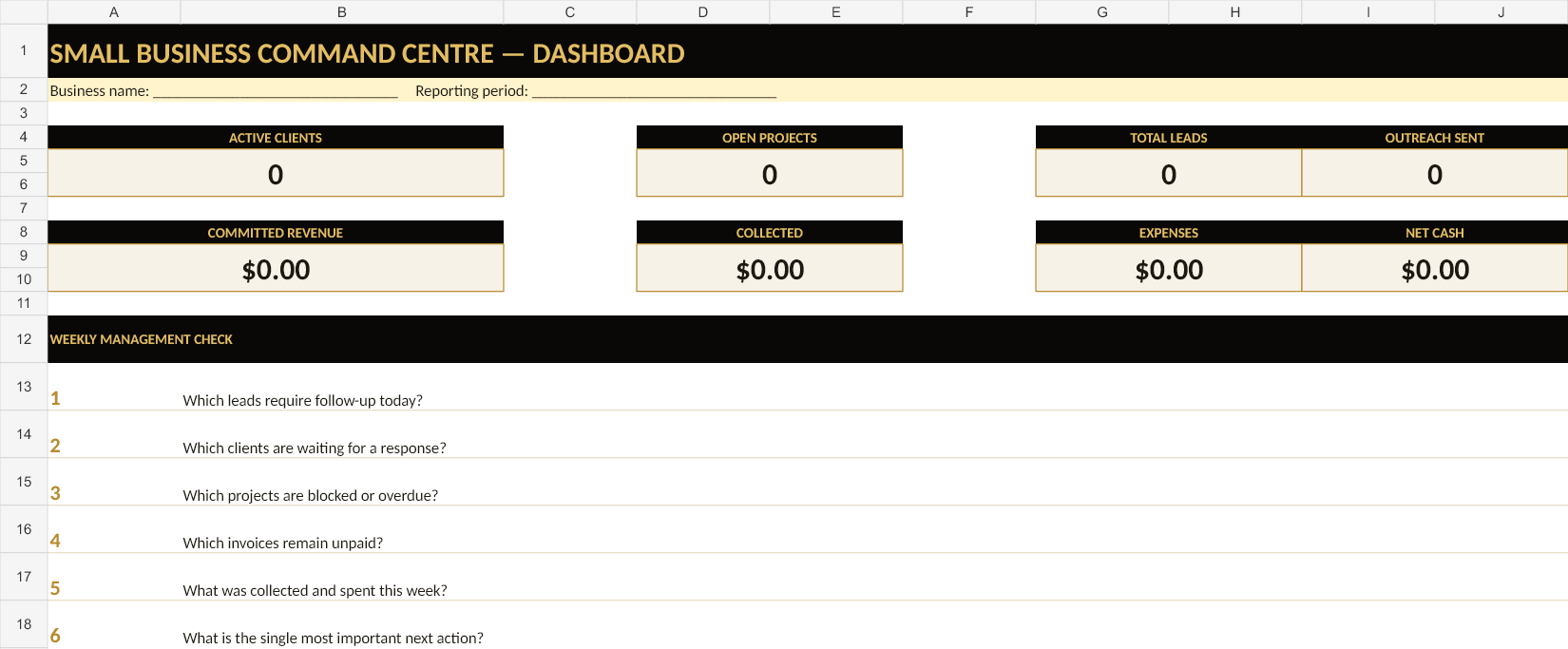Excel dashboard with client, project, lead, revenue and weekly management checks