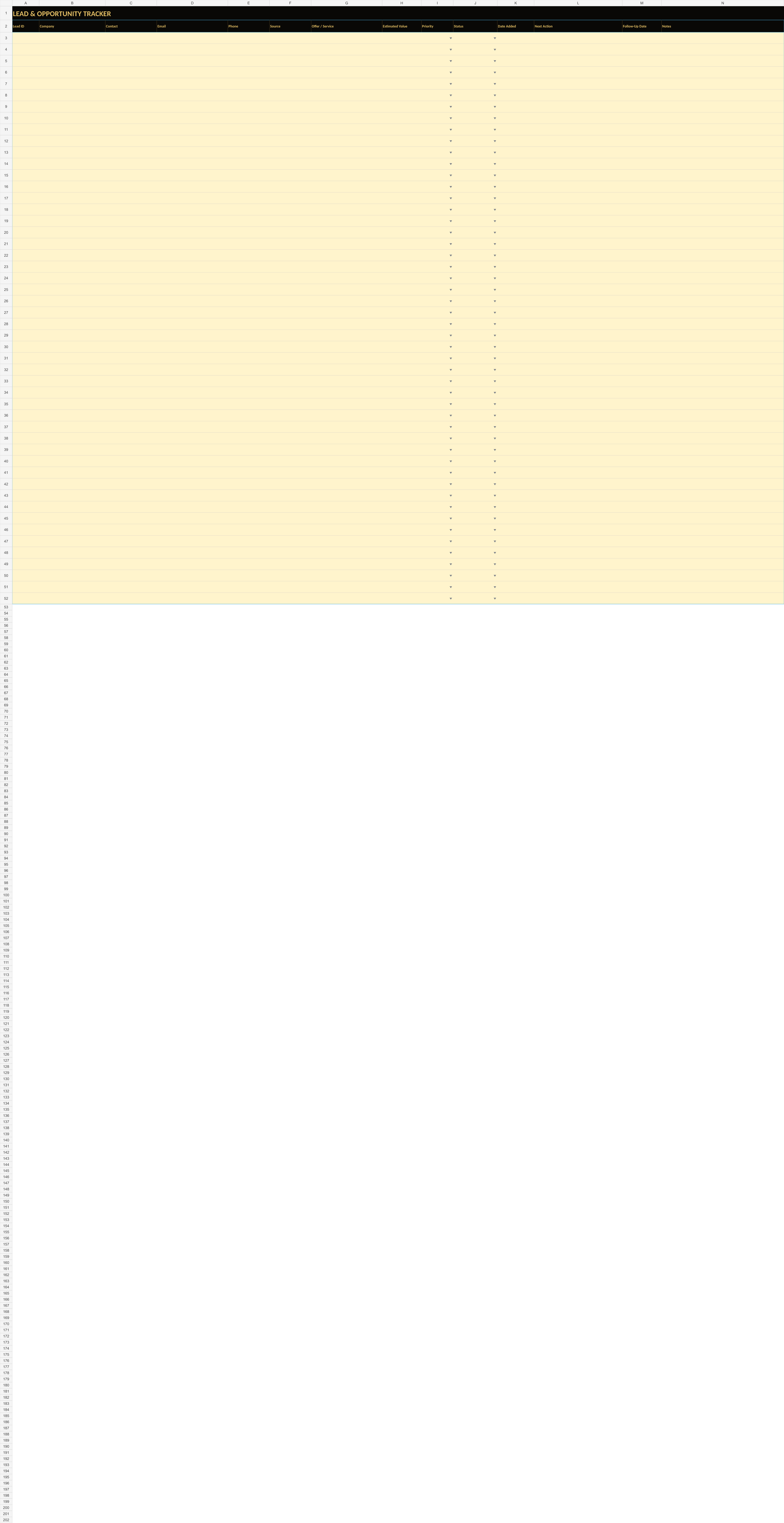 Lead tracker columns: company, contact, source, service, value, status, next action and follow-up date