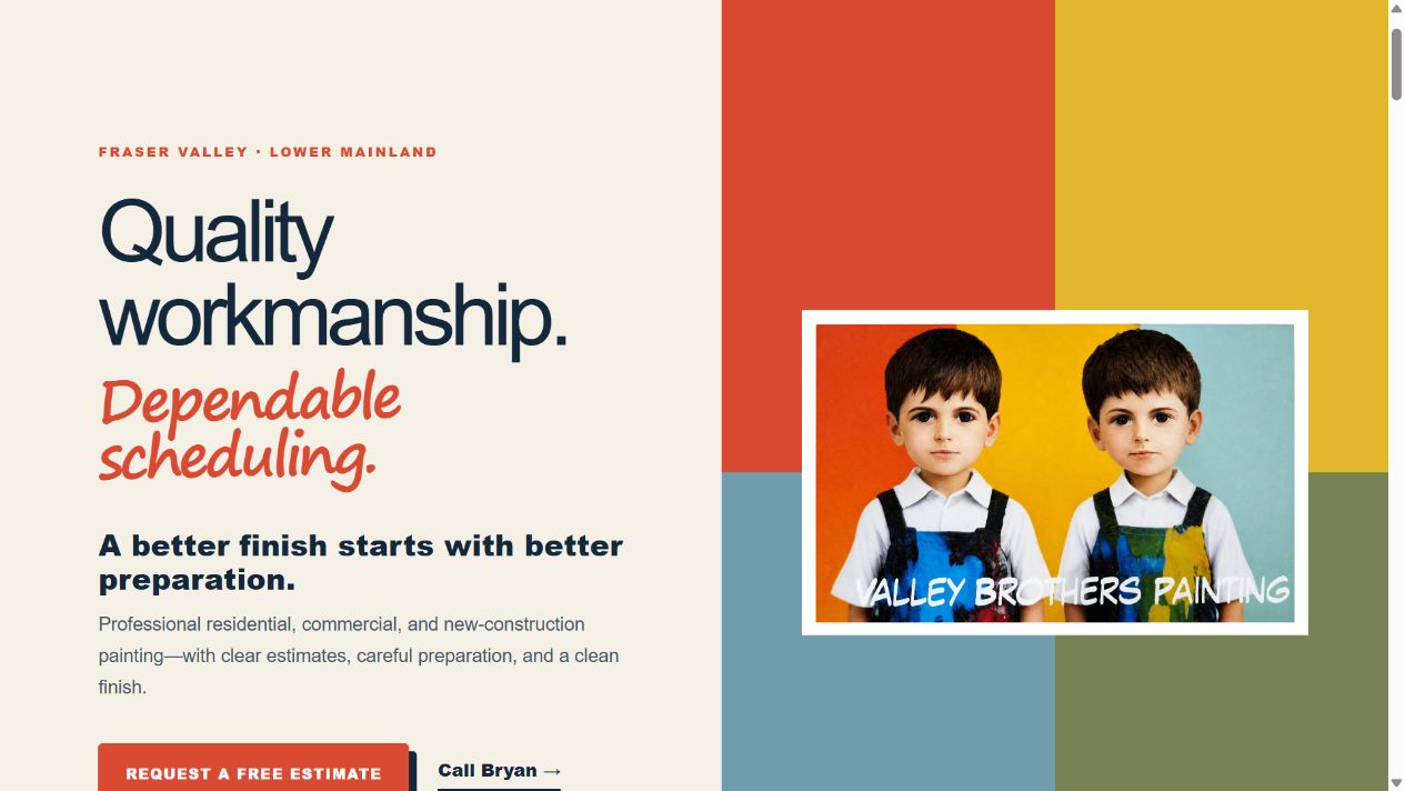 Valley Brothers Painting website: colourful brand blocks, original brothers logo and estimate call to action